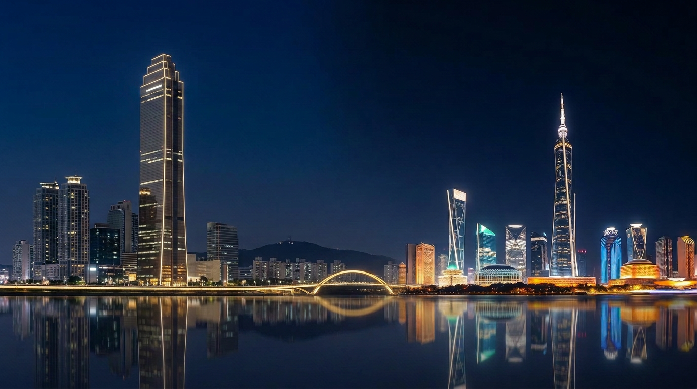 Astana International Financial Centre tower at dusk